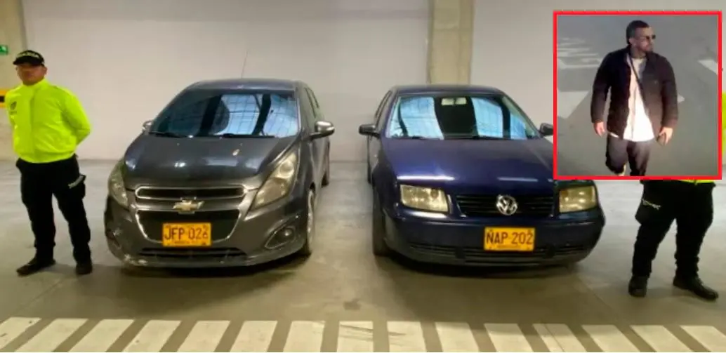 Los dos carros implicados en la reunión previa y el atentado a Miguel Uribe; en el recuadro, una cámara de la gasolinera captó a alias “el Costeño” FOTOS: CORTESÍA.