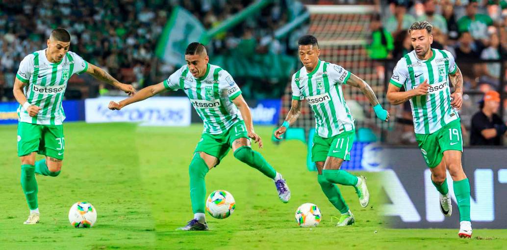 Juan Bauza, Camilo Cándido, Billy Arce y Facundo Batista, los cuatro extranjeros que tuvo al tiempo, Atlético Nacional en el campo en el partido contra Bucaramanga en el Atanasio Girardot. FOTO CAMILO SUÁREZ 