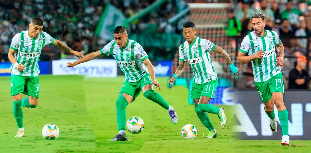 Juan Bauza, Camilo Cándido, Billy Arce y Facundo Batista, los cuatro extranjeros que Atlético Nacional puso en el campo ante Bucaramanga. FOTO CAMILO SUÁREZ 