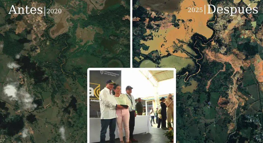 Antes y después del predio beneficiado por un título minero entregado por el presidente Gustavo Petro en 2024. FOTOS: Cortesía Google Earth y Presidencia