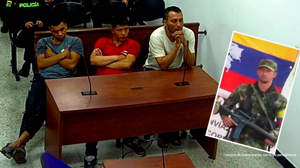 De izquierda a derecha, los capturados Esteban Acosta Valdéz (“Corozo”), Andrés Echavarría Olarte, Albeiro Chacón Hoyos; y en el recuadro, Nelson de Jesús Mesa Zapata (“Dilan”). FOTOS: CORTESÍA.