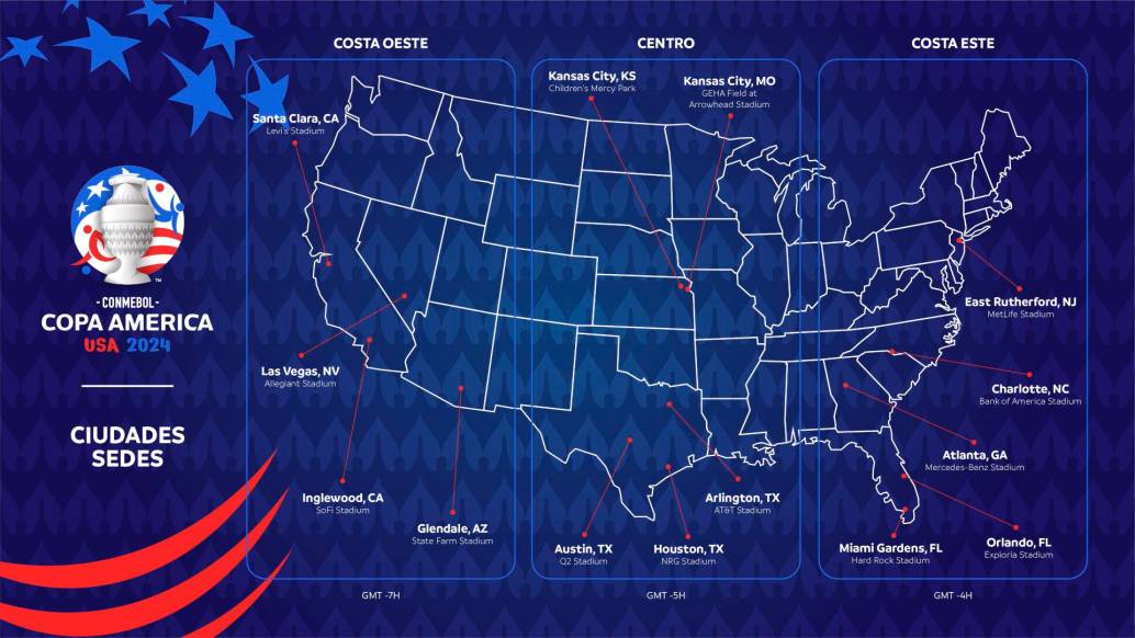 En esta imagen se ven las sedes donde se disputarán los juegos de la Copa América 2024 en Estados Unidos. FOTO: Tomada de X (antes Twitter) @Conmebol