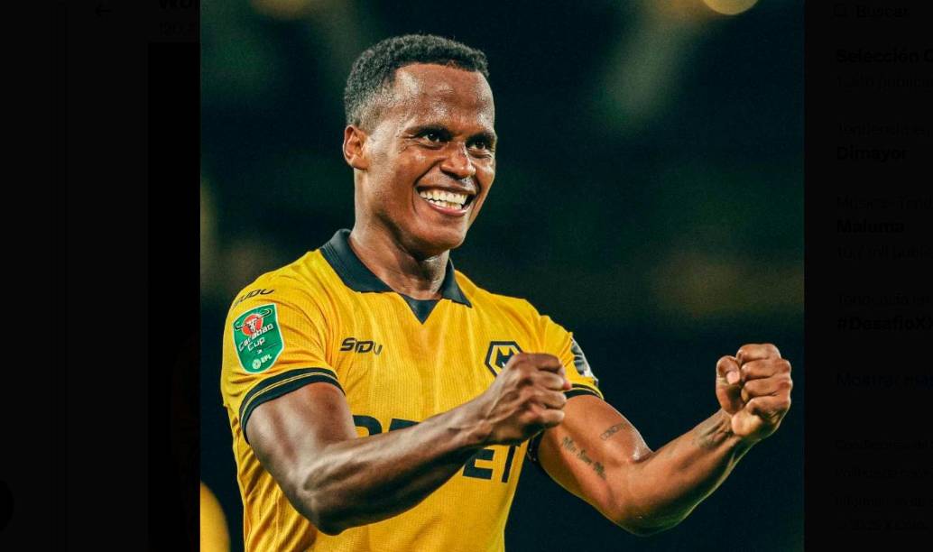 El colombiano Jhon Arias celebra la victoria de su equipo en la Copa de Inglaterra, una remontada ante el West Ham. FOTO TOMADA X @Wolves
