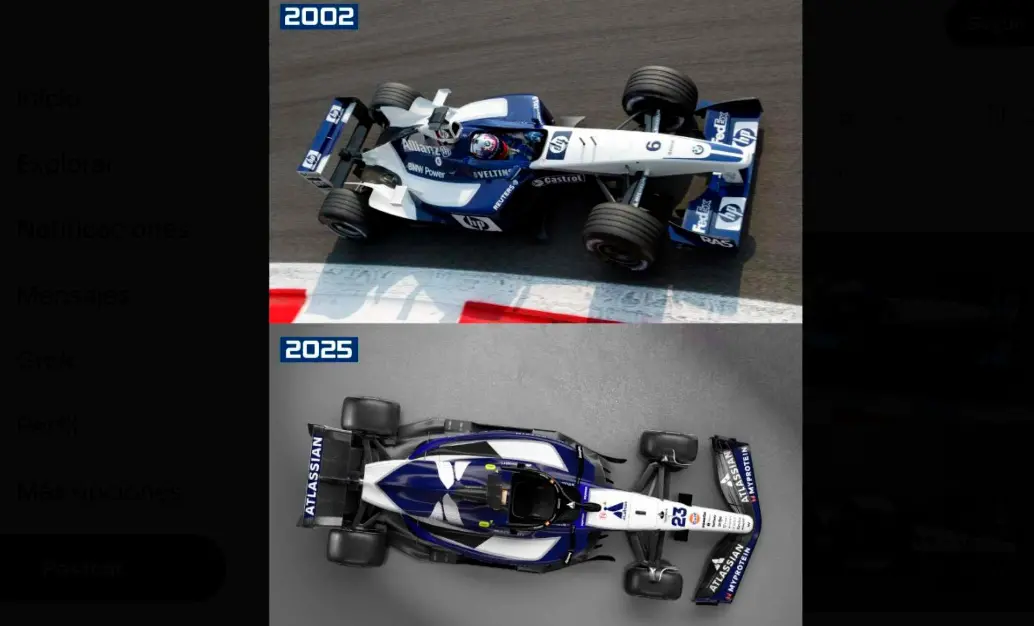 Este es el monoplaza que tuvo Juan Pablo Montoya en 2002 y la réplica que hicieron en homenaje al colombiano para 2025. FOTO TOMADA X @WilliamsRacing