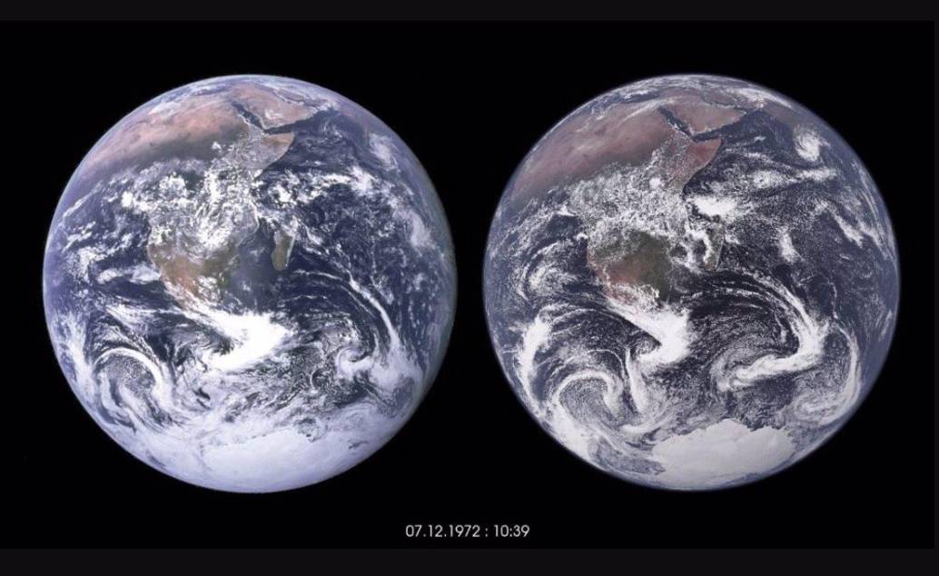 El globo de la izquierda muestra la famosa fotografía de la Tierra "Blue Marble", tomada en 1972. El globo de la derecha muestra una visualización de datos de una simulación con una cuadrí­cula de un kilómetro para la atmósfera, la Tierra y el océano. Foto: Europa Press