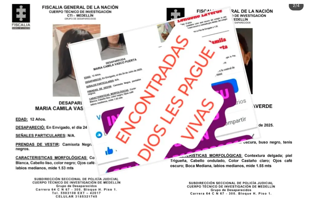 Las dos menores de edad fueron halladas en Medellín, según confirmó el padre de uno de ellas. FOTOS Cortesía