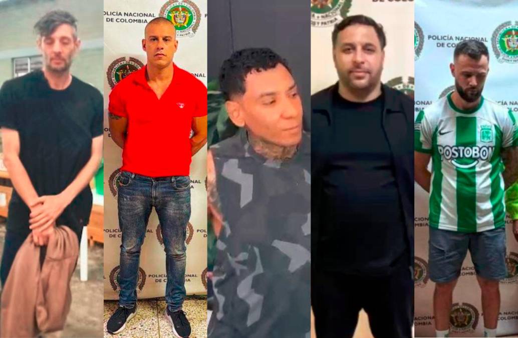 De izquierda a derecha, cinco de los capos internacionales capturados recientemente en Medellín: Raúl Santiago Deniz Santana (España), Cristian Lacoma López (España), Jorge Néstor Sánchez Rodríguez (Panamá), Nabil Abida (Francia) y Christopher Neil (Inglaterra). FOTOS: CORTESÍA