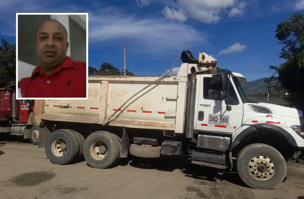 Esta es una de las tres volquetas hurtadas por las cuales asesinaron a Yamid Augusto Soto Monsalve (detalle), de 47 años, en una vereda de Támesis, Suroeste antioqueño. FOTOS: <b>CORTESÍA</b>