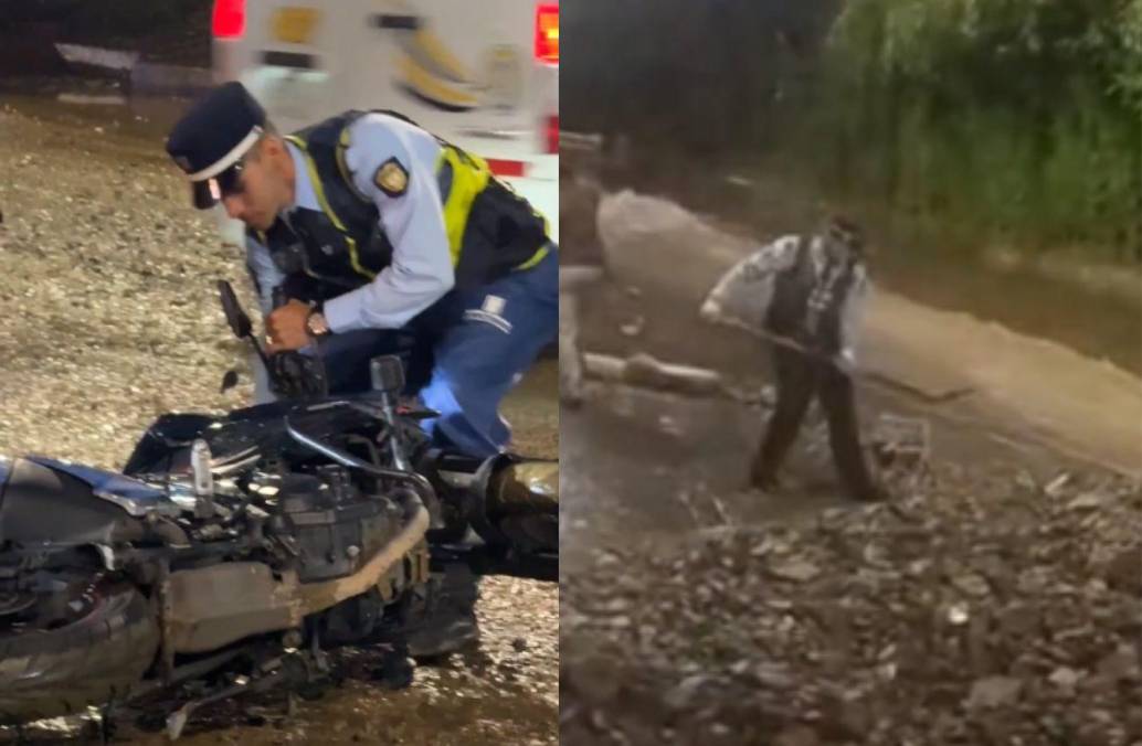Dos agentes de la Secretaría de Movilidad de Medellín fueron captados realizaron apoyo a los conductores que se caían por el lodo o retirando los escombros para buscar la reapertura de la vía. FOTOS: CORTESÍA