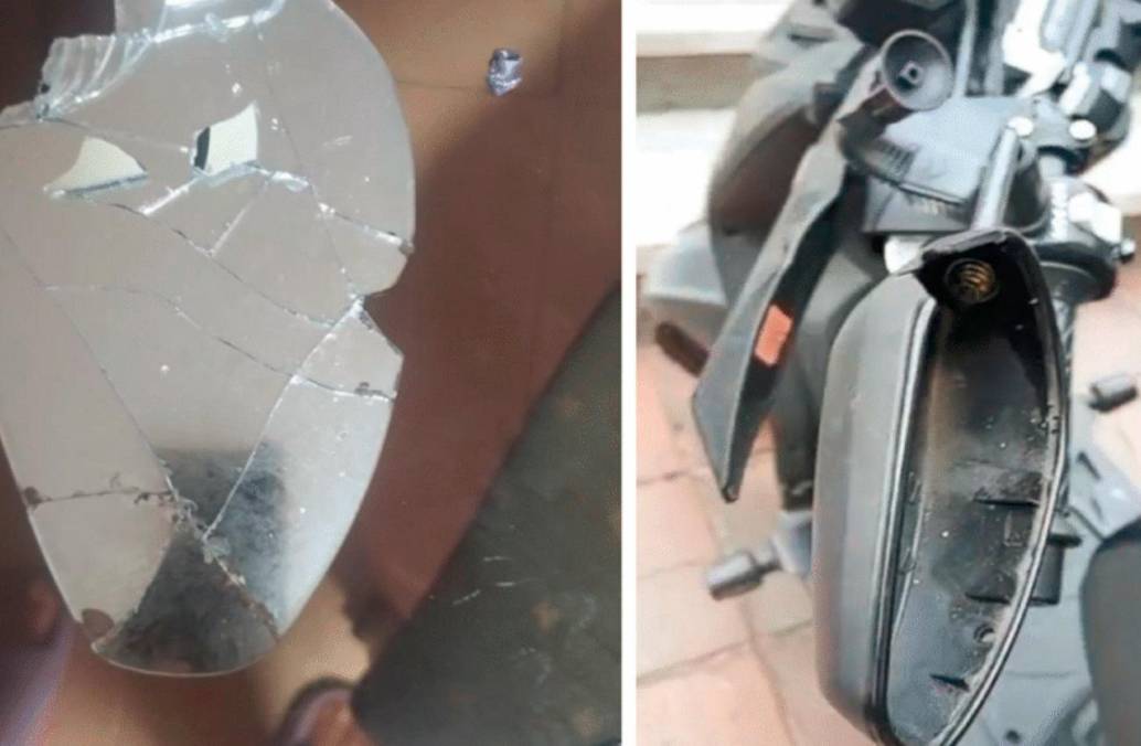 Así quedó el espejo de la motocicleta que impactaron con este rifle deportivo en los límites de la comuna 15 (Guayabal), 16 (Belén) y el corregimiento Altavista. FOTO: TOMADA DE TELEANTIOQUIA NOTICIAS