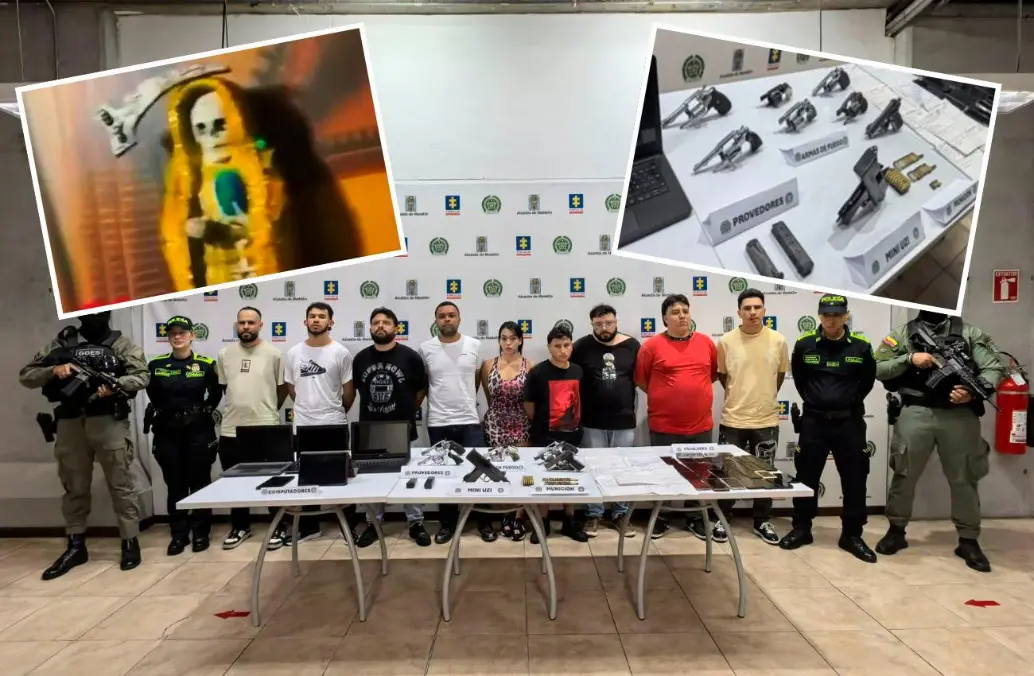 Estos son los nueve capturados de la bautizada “La Oficina Premium”, el señalado grupo sicarial para objetivos de alto valor. Se les encontraron elementos de brujería y varios tipos de armas. FOTOS: CORTESÍA