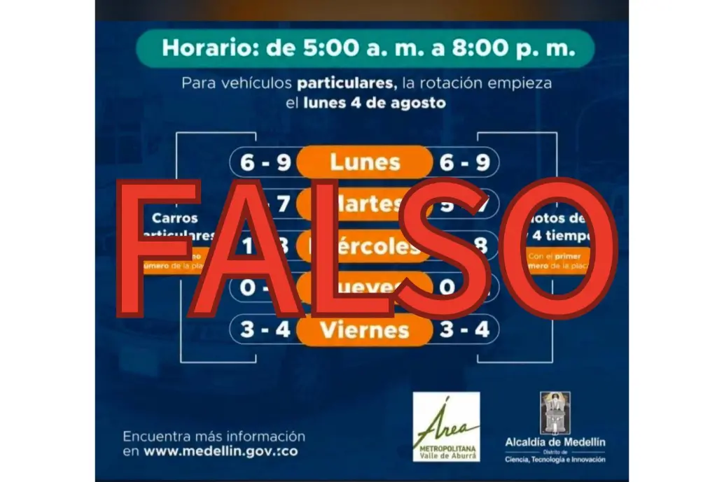 Autoridades en el Valle de Aburrá alertaron sobre la circulación falsa con una supuesta rotación de pico y placa. Pidieron a los ciudadanos no caer en la trampa. 