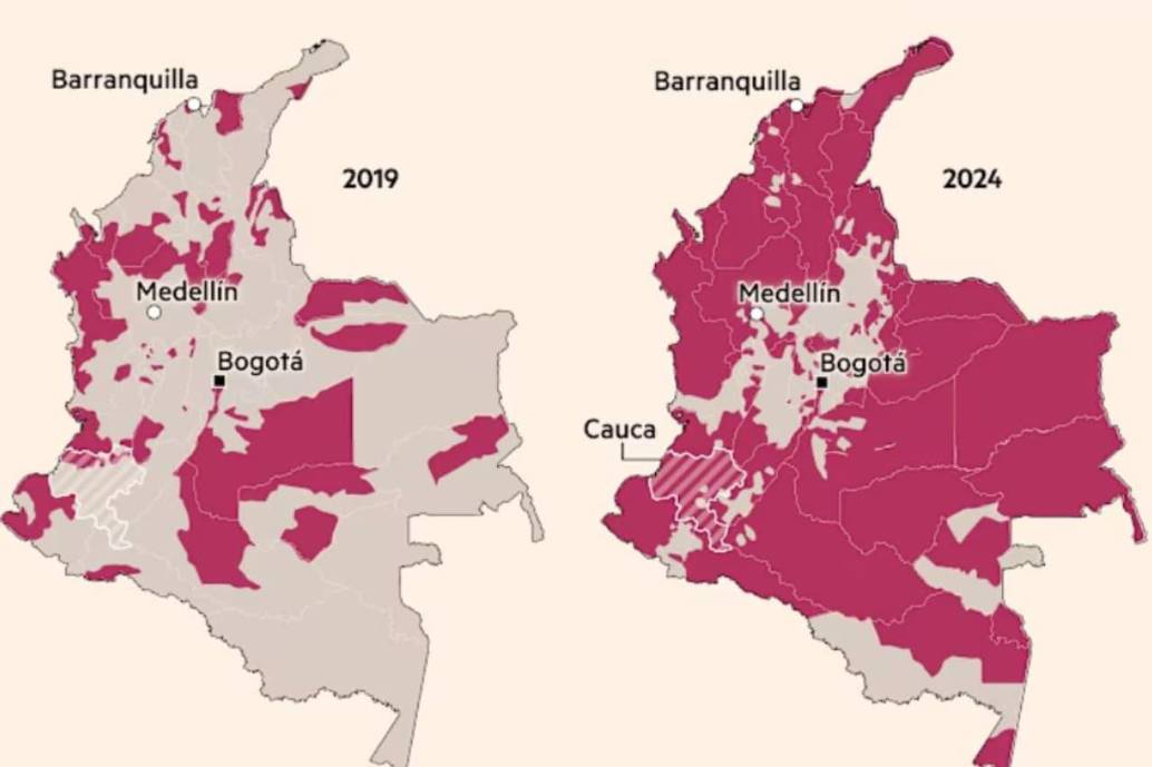 Mapa de la expansión de los grupos armados ilegales en Colombia y la producción de cocaína. FOTO: Tomada del <i>Financial Times. </i>