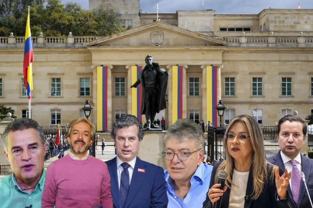 Aníbal Gaviria, Juan Daniel Oviedo, Juan Manuel Galán, Mauricio Cárdenas, Vicky Dávila y David Luna, frente a la Casa de Nariño, en un escenario marcado por alianzas y movimientos presidenciales. FOTOS: COLPRENSA Y CORTESÍA