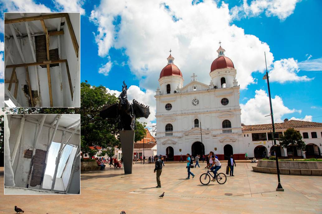 La Catedral de San Nicolás es uno de los bienes patrimoniales que se encuentra en riesgo en Rionegro. En los detalles se ve parte del deterioro de la Casa de la Maestranza. FOTO: CORTESÍA
