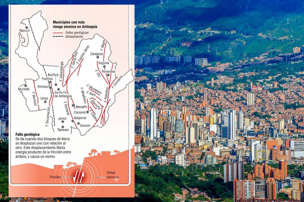 El mapa detalla los principales sistemas de fallas geológicas —como Romeral, Palestina y Murindó— y los municipios de Antioquia con mayor vulnerabilidad ante un evento telúrico. FOTO: JUAN ANTONIO SÁNCHEZ - EL COLOMBIANO
