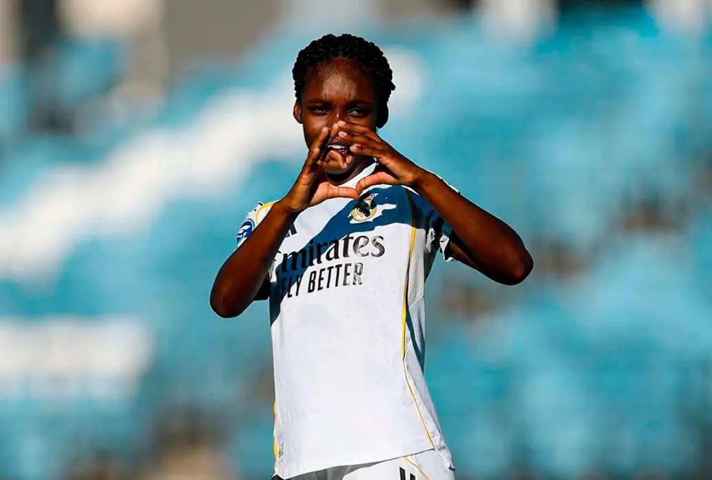 La colombiana Linda Caicedo celebró el tanto con el que se abrió el marcador para la victoria del Real Madrid 3-0. FOTO TOMADA X @realmadridfem