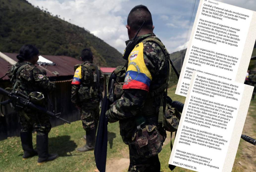 El mensaje de intimidación a los votantes está siendo repartido por las disidencias de las Farc en los pueblos del Norte de Antioquia. FOTOS: AFP Y CORTESÍA.