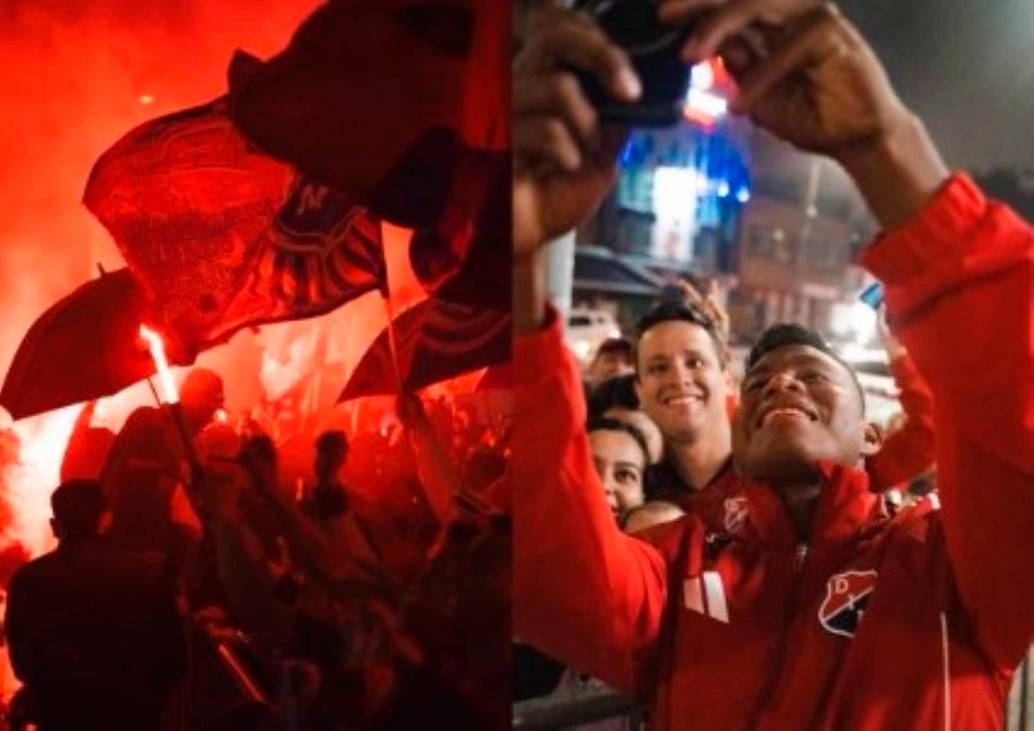 Los jugadores salieron a compartir con los aficionados que realizaron el banderazo en Bogotá. Los rojos disputan el duelo de ida en El Campín, este martes a las 7:30 de la noche. FOTO TOMADA X@DIM_Oficial