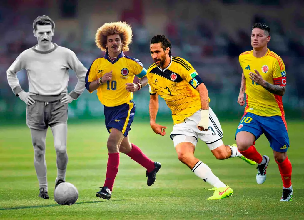 Francisco “Cobo” Zuluaga fue el capitán de Colombia en el Mundial de 1962; el “Pibe” Valderrama en 1990, 1994 y 1998, mientras que Mario Yepes lo hizo en 2014. James tomó la posta para 2018 y se espera que ejerza ese liderazgo en el Mundial 2026. FOTOS Conmebol, Getty y Juan Antonio Sánchez