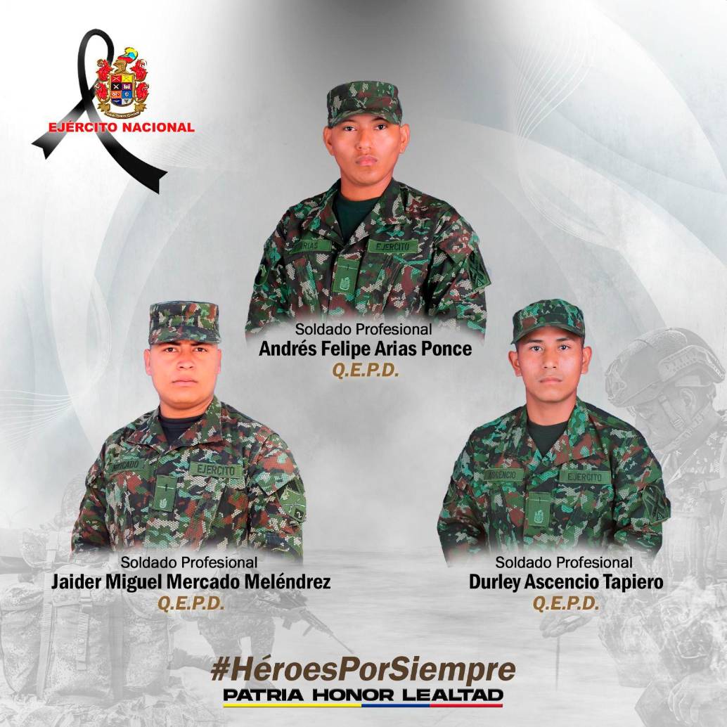 Estos son los tres militares asesinados por el ELN en el municipio de Chita, Boyacá. FOTO: CORTESÍA DEL EJÉRCITO.