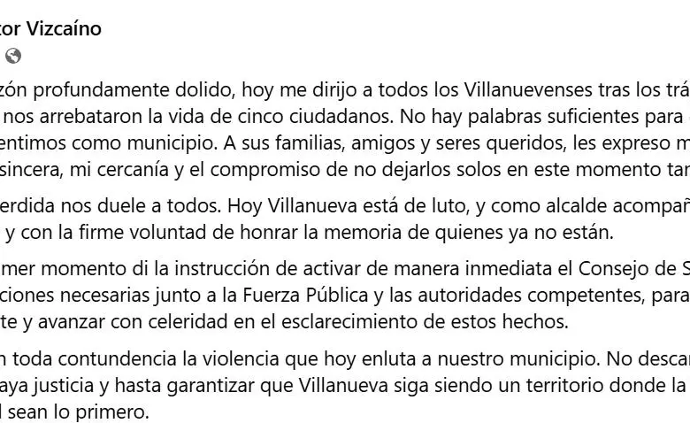 Mensaje del alcalde de Villanueva Héctor Vizcaíno. Foto: Captura de pantalla facebook Héctor Vizcaíno