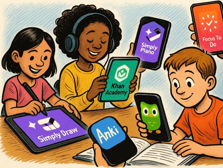 Aplicaciones educativas como Duolingo, Khan Academy y Simply Draw permiten aprender a cualquier ritmo y desde cualquier lugar, incluso sin conexión. FOTO EL COLOMBIANO/creada parcialmente con IA
