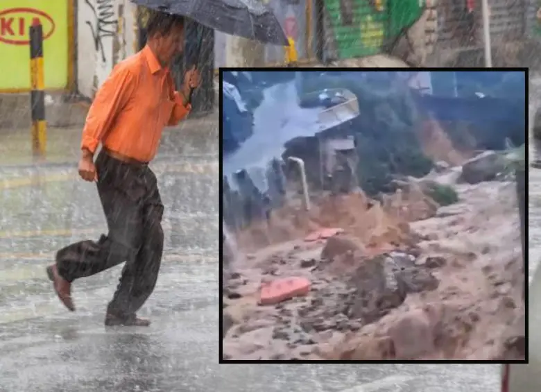 Adelante, los estragos causados en la vereda Manzanillo de Altavista. Atrás, lluvias de Medellín. FOTO: EL COLOMBIANO y Cortesía Denuncias Antioquia