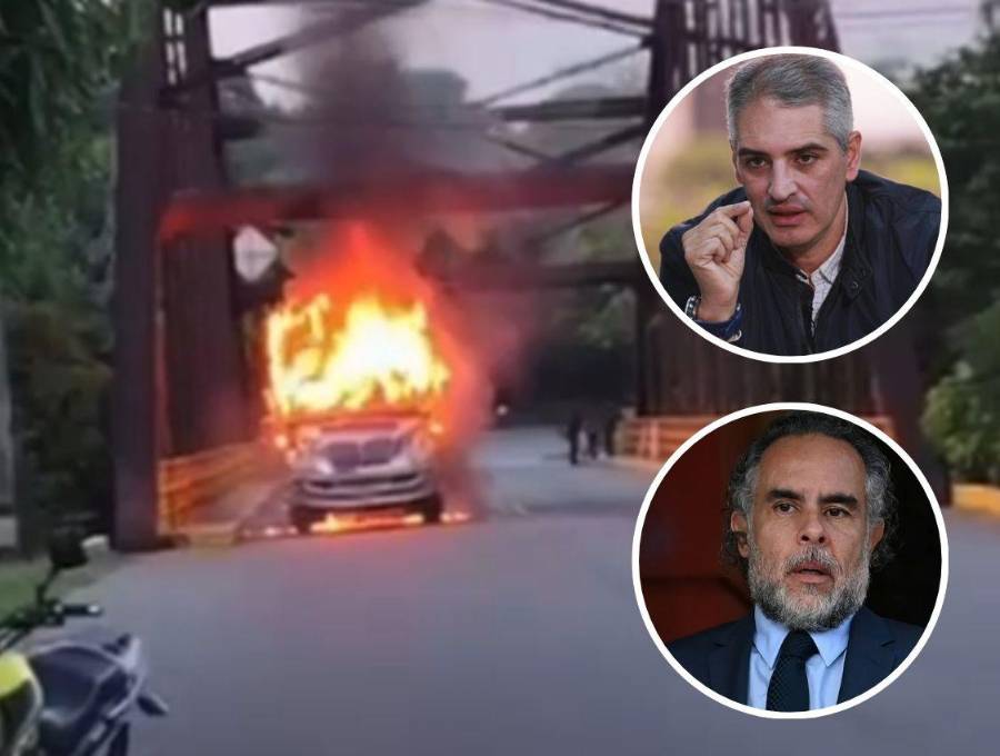 El gobernador de Antioquia, Andrés Julián Rendón (arriba), y el ministro del Interior, Armando Benedetti (abajo), se pusieron de acuerdo para levantar el paro minero en el Bajo Cauca, en medio de los desmanes que estos han generado, como la quema de dos camiones este lunes. FOTOS: CORTESÍA Y EL COLOMBIANO