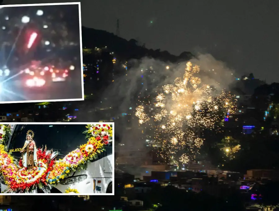 En el marco de las celebraciones de la Virgen del Carmen se presentaron lanzamientos de pólvora en la noche de este jueves, principalmente, en el sur del Valle de Aburrá. Uno de los hechos se presentó en una caravana de taxistas en la calle 30 con la avenida Industriales (detalle superior). FOTOS: EL COLOMBIANO Y CORTESÍA