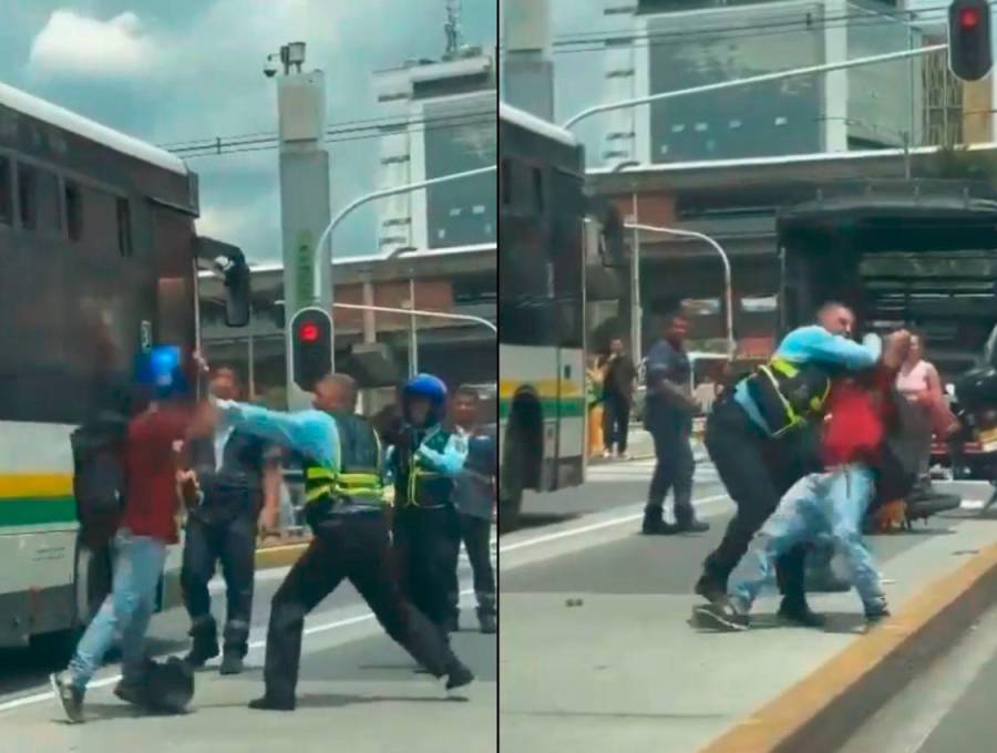 En las imágenes se captan dos de los momentos de la agresión entre el agente de tránsito y el motociclista infractor. FOTOS: CORTESÍA