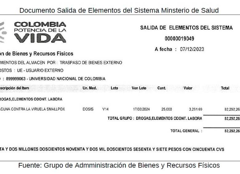 Acta de entrega de los biológicos a la Universidad Nacional.