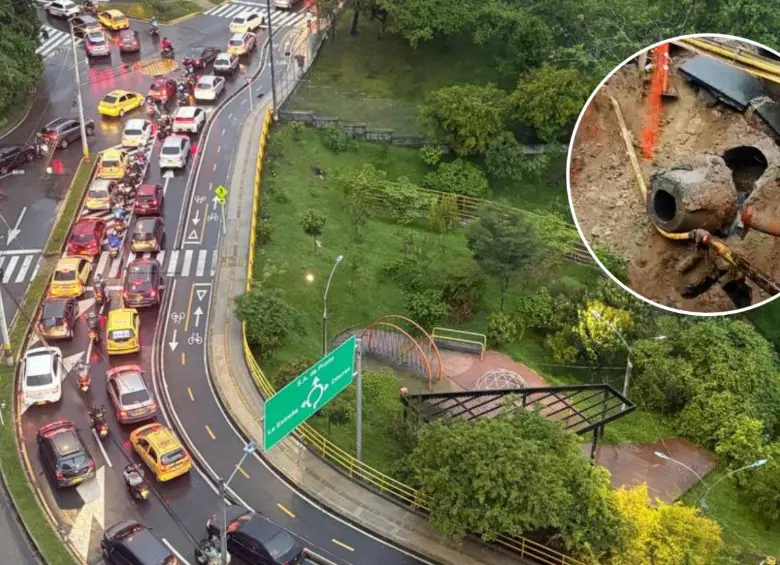 Así se encuentra la congestión vehicular en este corredor vial. El daño en el alcantarillado de EPM está siendo atendido por las autoridades. FOTO: Cortesía Denuncias Antioquia
