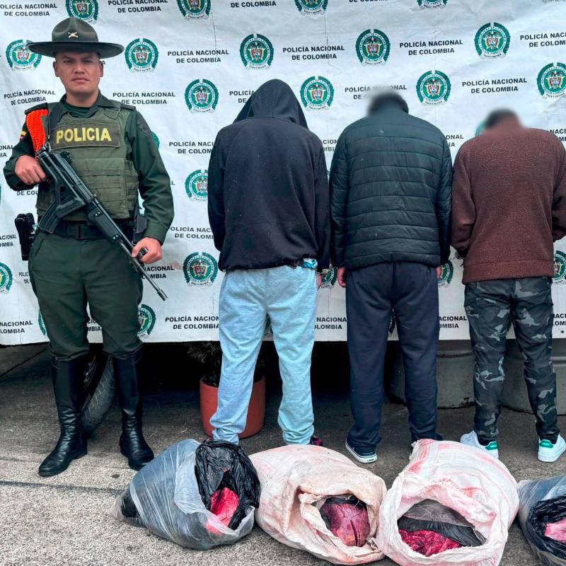 Estos fueron los capturados por manipular estas carnes que pretendían ser incluidas en el mercado, según las autoridades. FOTO: CORTESÍA POLICÍA ANTIOQUIA