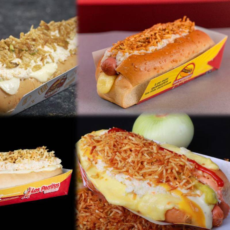 Los perros calientes destacados combinan tradición local, creatividad urbana y el respaldo de datos reales de consumo. De izq. a der., arriba: Los Perritos y Los Quesudos. Abajo: Los Perritos del Norte y Los Famosos Puro Queso. FOTOS: cortesía