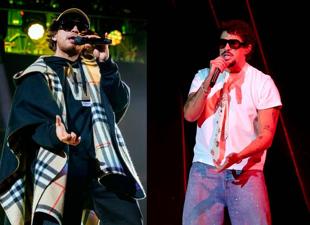 A la izquierda Jesús Ortiz Paz, cantante de Fuerza Regida, a la derecha, Bad Bunny. Fotos Getty. 