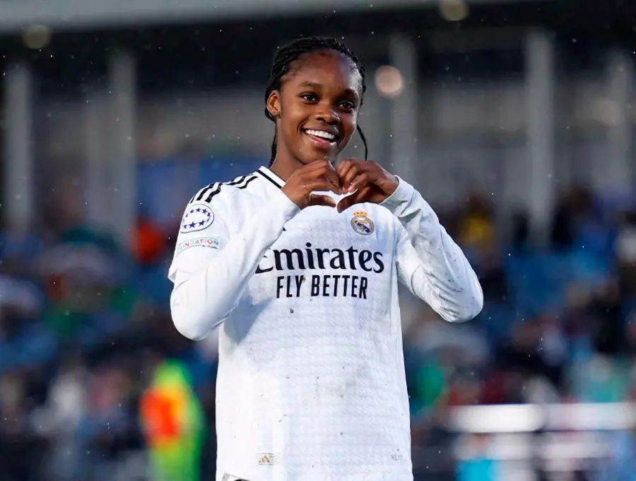 Linda Caicedo celebra su tanto con el Real Madrid por el duelo de ida de los cuartos de final de la Champions League Femenina. FOTO: Tomada de X @realmadridfem