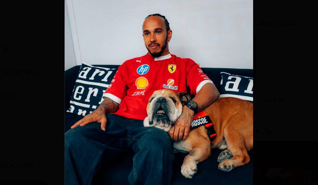 Esta es una de las imágenes que se han compartido en redes de Hamilton con su mascota. FOTO TOMADA X @ScuderiaFerrari