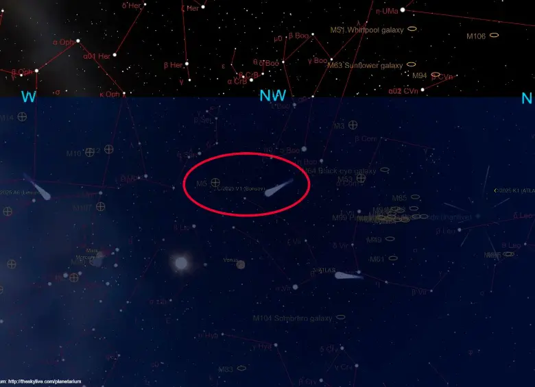 Esta es la trayectoria del cometa C/2025 V1 (Borisov). FOTO cortesía The Sky