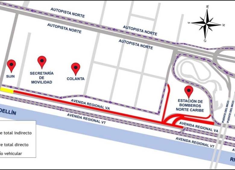 En este mapa se explica a detalle el cierre vial que afectará el norte de Medellín. FOTO: Cortesía