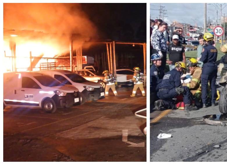 Izquierda, incendio en el barrio Las Margaritas. Derecha, accidente sector El Cordobés. FOTO: Cortesía e imagen tomada de redes