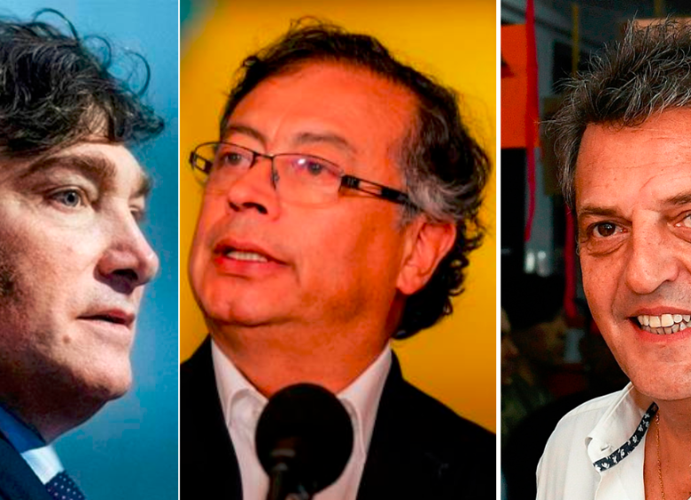 De izquierda a derecha: el candidato presidencial de Argentina, Javier Milei; el presidente de Colombia, Gustavo Petro; y el también candidato Sergio Massa. FOTO: COLPRENSA Y GETTY