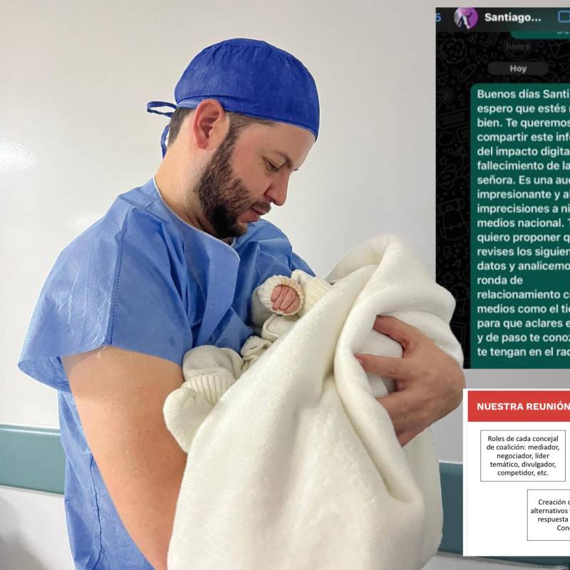 El alcalde Santiago Montoya con su hijo recién nacido. También el chat tras el feminicidio de Janeth Posada y un aparte de documento que habla de la estrategia comunicativa en El Retiro. Foto: tomada de redes