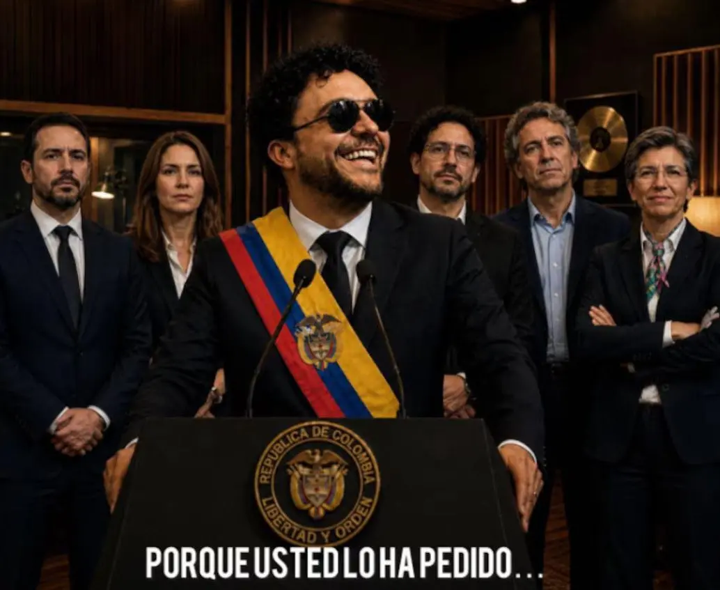 Esta es la imagen generada con inteligencia artificial publicada por Andrés Cepeda en Instagram, en la que aparece con la banda presidencial de Colombia. FOTO Instagram