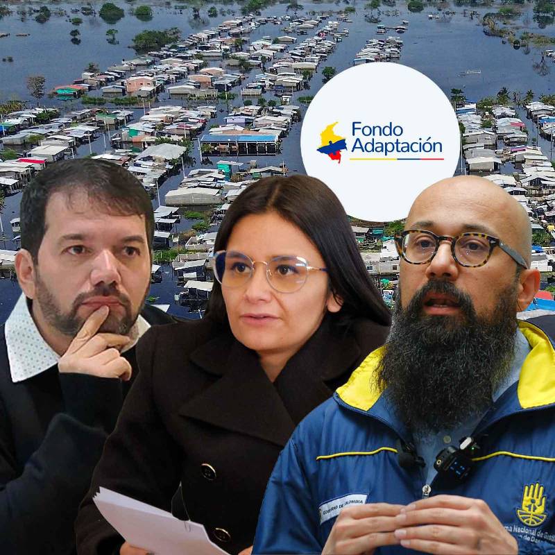 Senador Julio Elías Chagui; gerente del Fondo de Adaptación, Angie Rodríguez; director de la UNGRD, Carlos Carrillo y subgerente del Fondo, Jonattan Duque. FOTO Colprensa