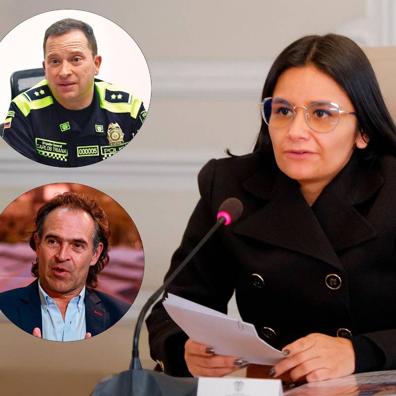 Adelante, el exdirector de la Policía –el general Carlos Triana– y el alcalde Federico Gutiérrez. Atrás, la directora Angie Rodríguez. FOTO: Presidencia y El Colombiano