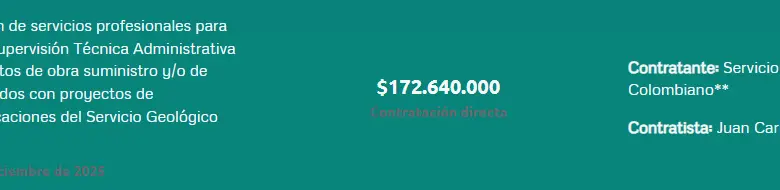 Registro del contrato firmado por Juan Carlos Sánchez con el Servicio Geológico Colombiano.