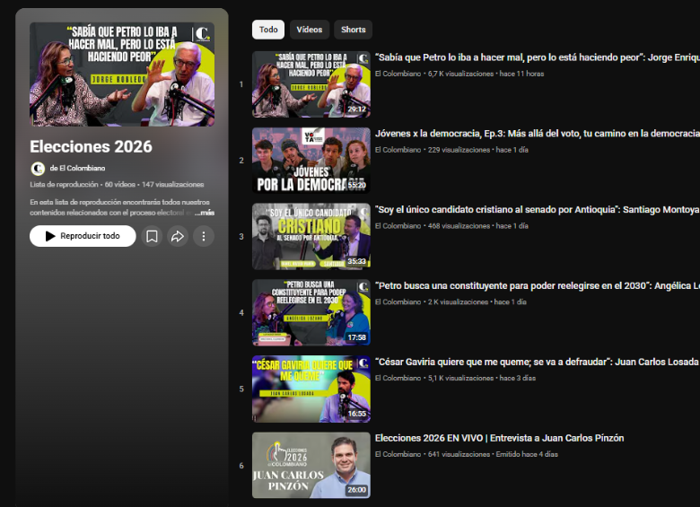 Playlist en YouTube de entrevistas de EL COLOMBIANO a candidatos al Senado, la Cámara y las diferentes consultas internas, previo a las Elecciones 2026. Foto: captura de pantalla YouTube