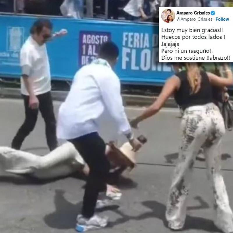 Amparo Grisales, conocida como la “diva de Colombia”, sufrió una caída durante el Desfile de Silleteros, pero afrontó el tema con humor. FOTO redes sociales