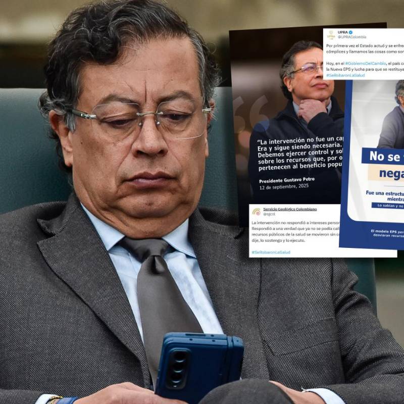 Estas son algunas de las publicaciones del Servicio Geológico Colombiano y de la UPRA en la red social X, replicando mensajes presidenciales sobre la intervención a Nueva EPS. FOTO Colprensa-El Colombiano